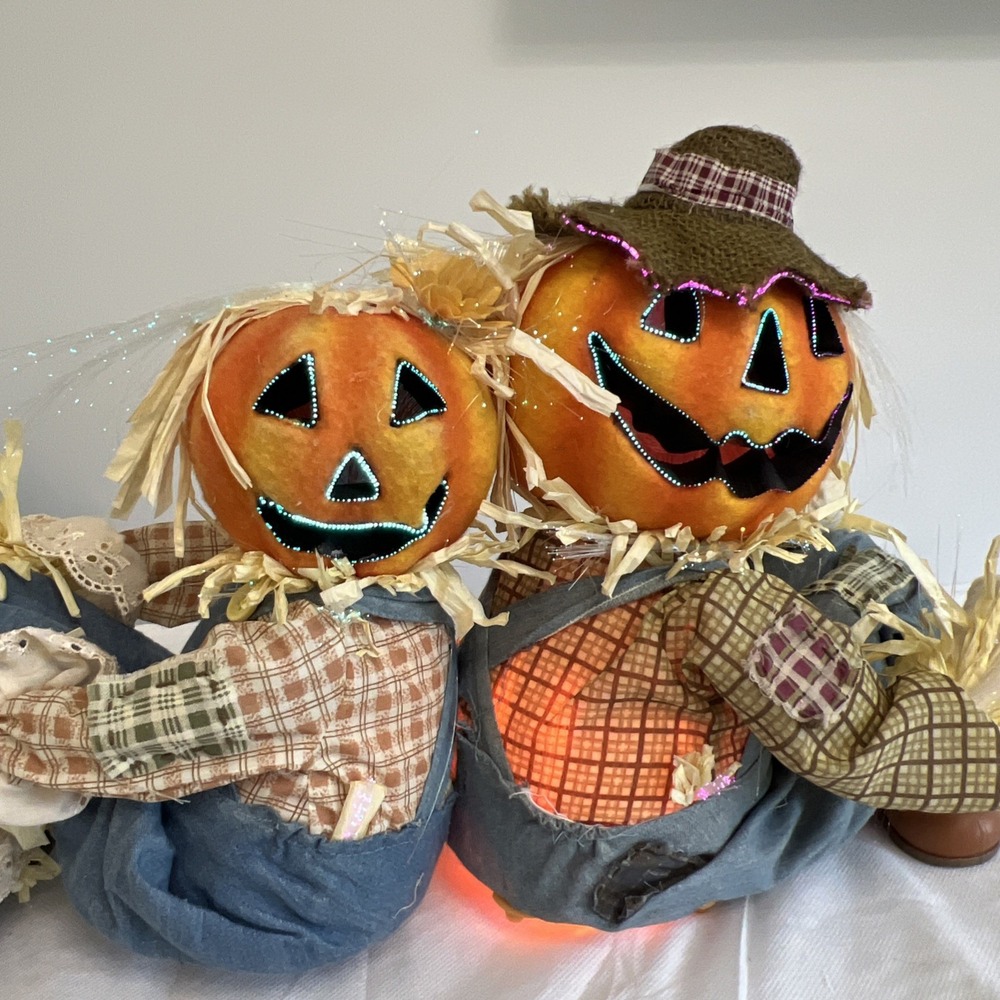 Vtg Gemmy Fiber Optic Lit Pumpkin Scarecrow Couple Halloween Fall Thanksgiving - Picture 11 of 14